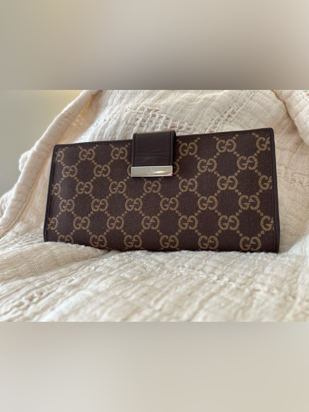 Gucci Brown GG Canvas Continental Wallet with Gold-Tone Plaque